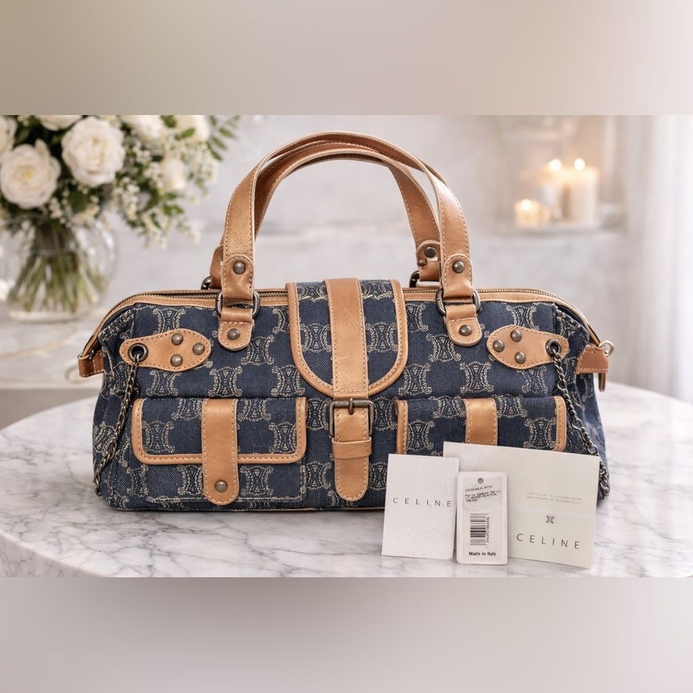 Celine Macadam Denim Bag with Leather Trim & Chain – Authentic